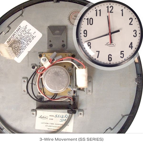 Back of Lathem 3-wire synchronous clock, showing mechanical movement